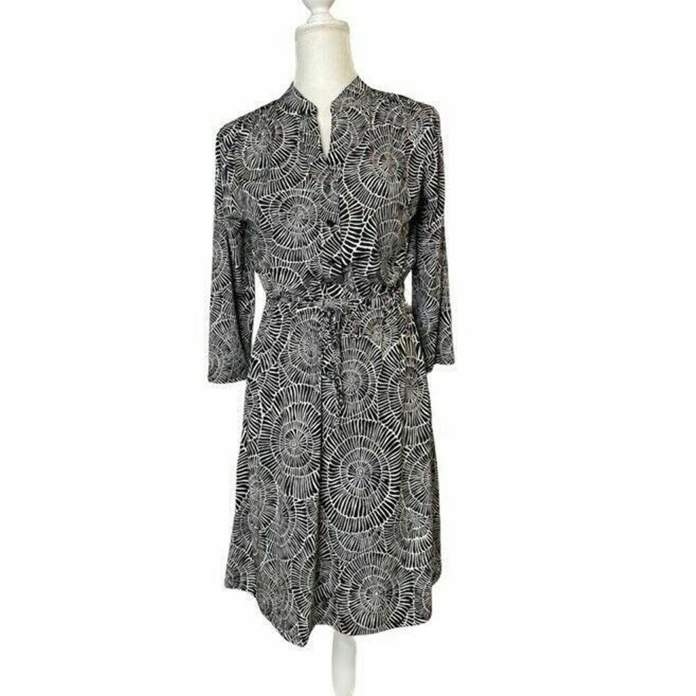 Robert Louis Black & White Spiral Print Shirt Dress Cinched Tie Waist sz small